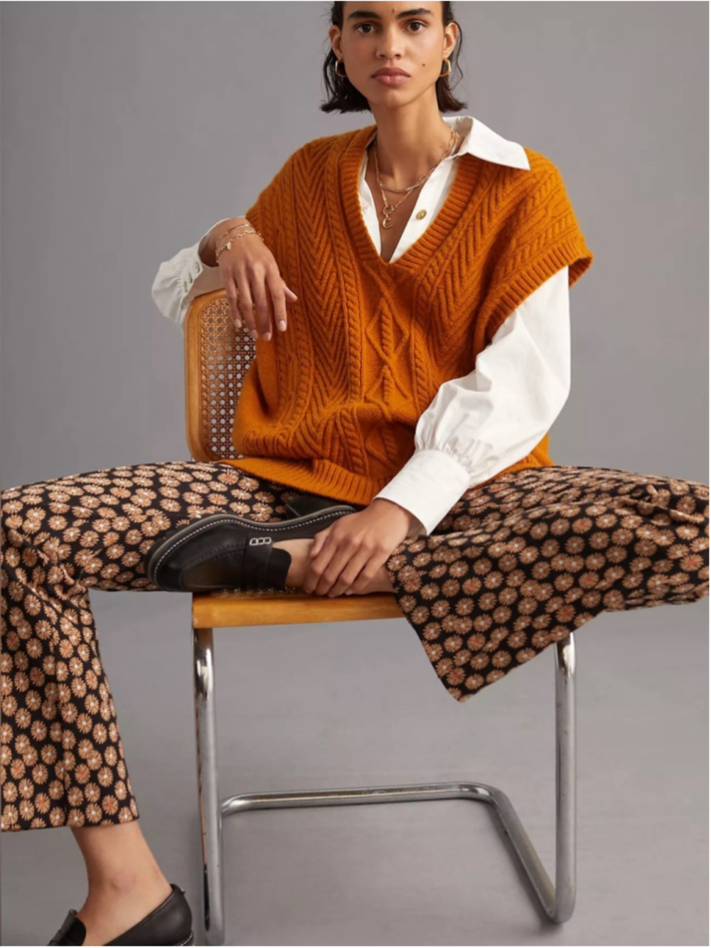 Anthropologie Cable-Knit Tunic Vest marigold layering academia sz one size